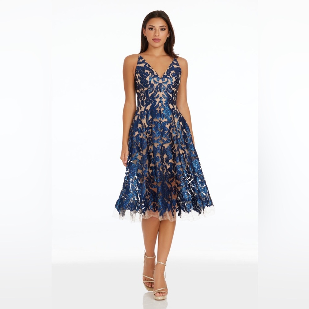 DRESS THE POPULATION Blair Cocktail Dress Navy Nude ornate baroque sequins sz L